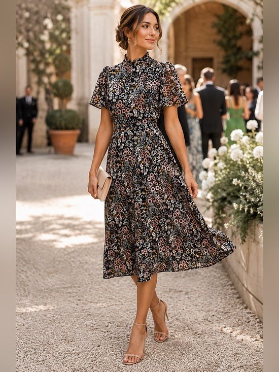 julia jordan Dresses & Skirts - Ruffle Mock Neck Floral Midi Maxi Autumn Wedding Guest Dress Flutter Sleeves 6